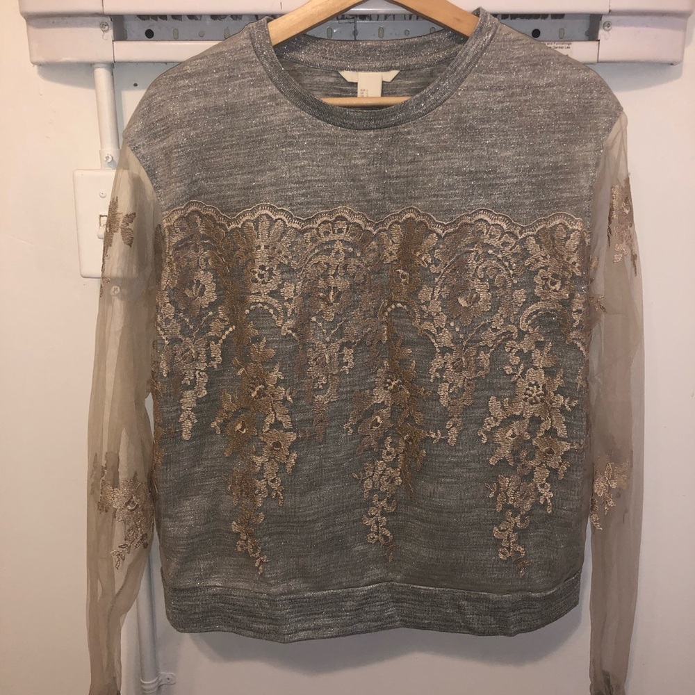 H&M Gray Sweater Transparent with Flowers Size L